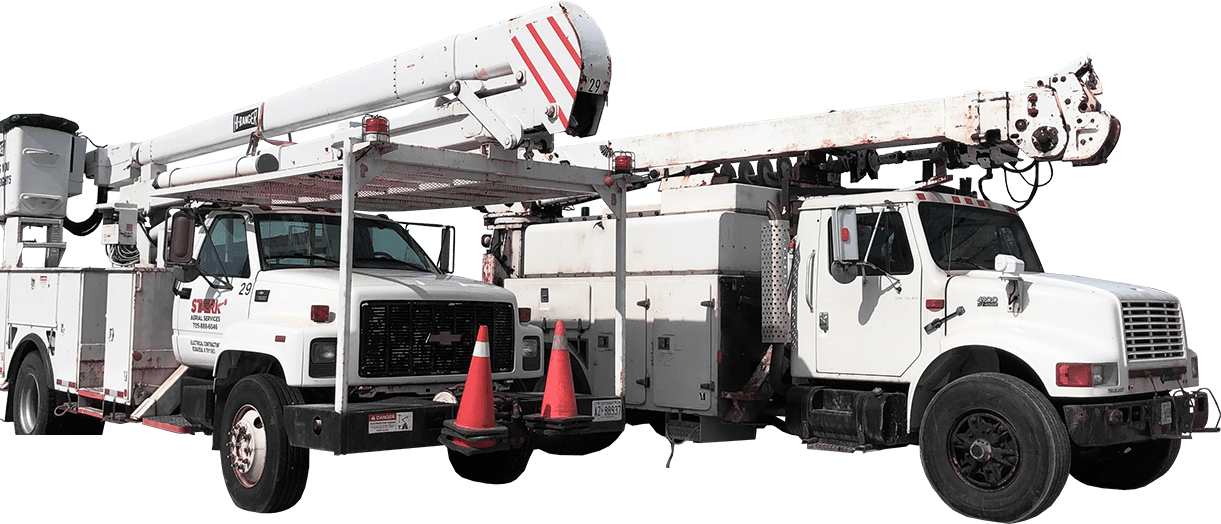 A bucket truck and digger truck